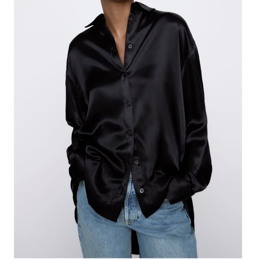 Zara Black Satin Effect Long Sleeve Button Down Collared Shirt Size Extra Small